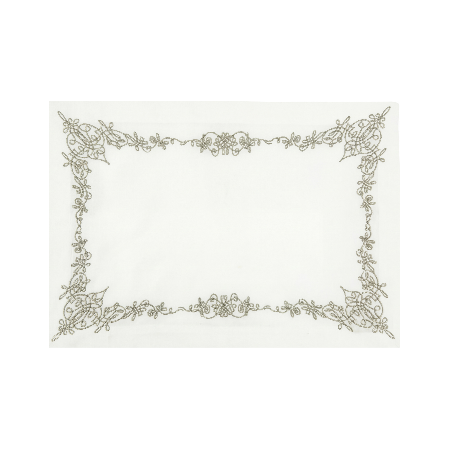 Oriental Pure Linen Placemat, featuring ornate metallic-thread embroidery, offers elegant table decor. Ideal for special occasions. Sold in packs of two.