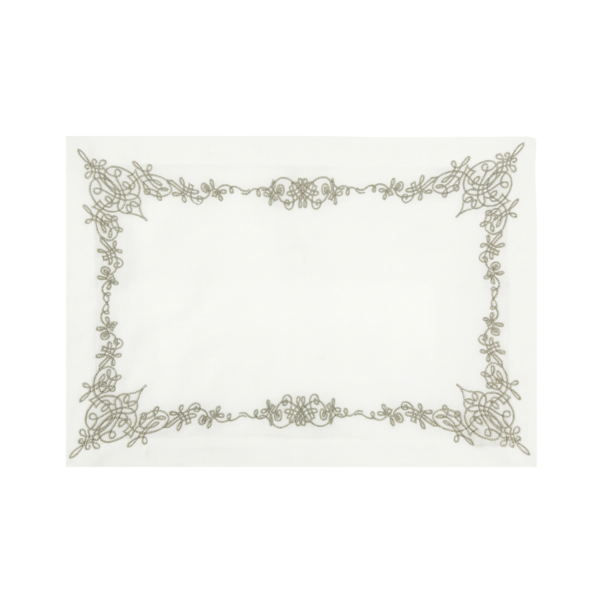 Oriental Pure Linen Placemat, featuring ornate metallic-thread embroidery, offers elegant table decor. Ideal for special occasions. Sold in packs of two.