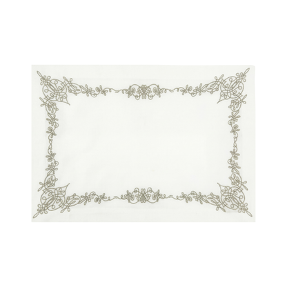 Oriental Pure Linen Placemat, featuring ornate metallic-thread embroidery, offers elegant table decor. Ideal for special occasions. Sold in packs of two.