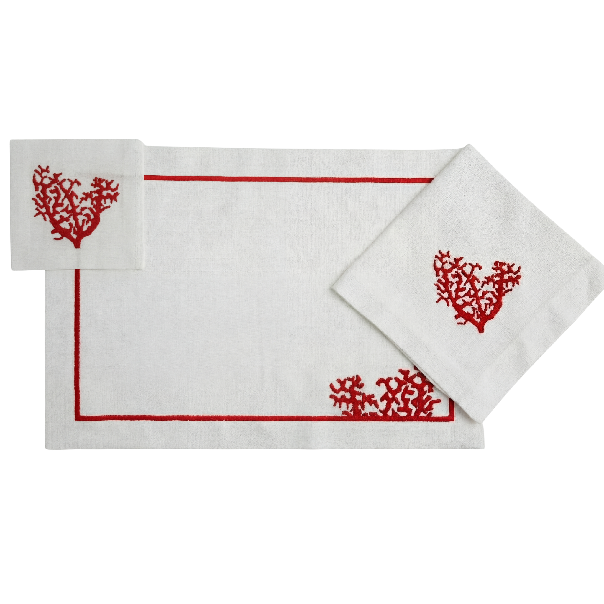 Red Coral Pure Linen Placemat set, featuring a red border and coral embroidery, ideal for elevating party and event table settings from Party Social.