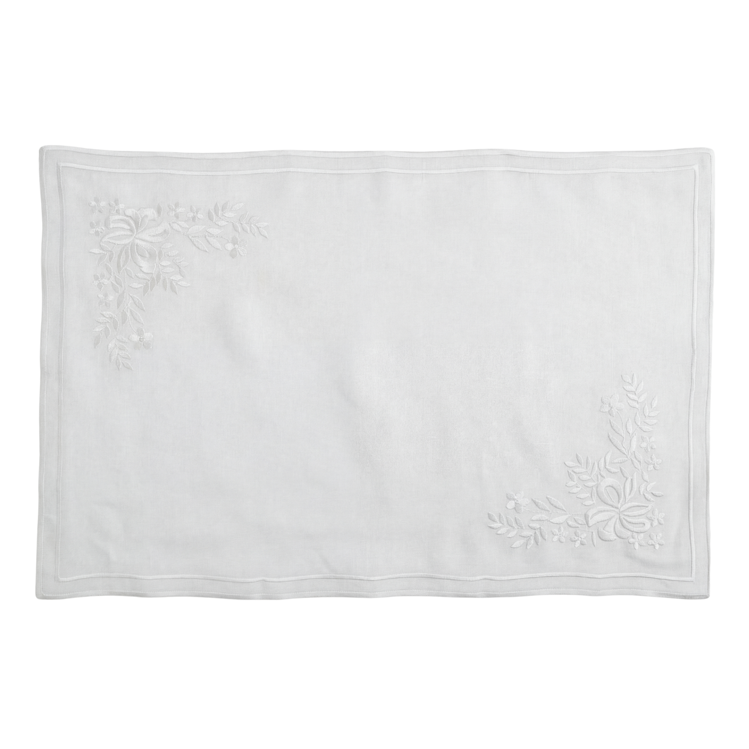 White Vintage Pure Linen Placemat with embroidered floral corners, ideal for elegant table settings, available in a pack of two from Party Social.