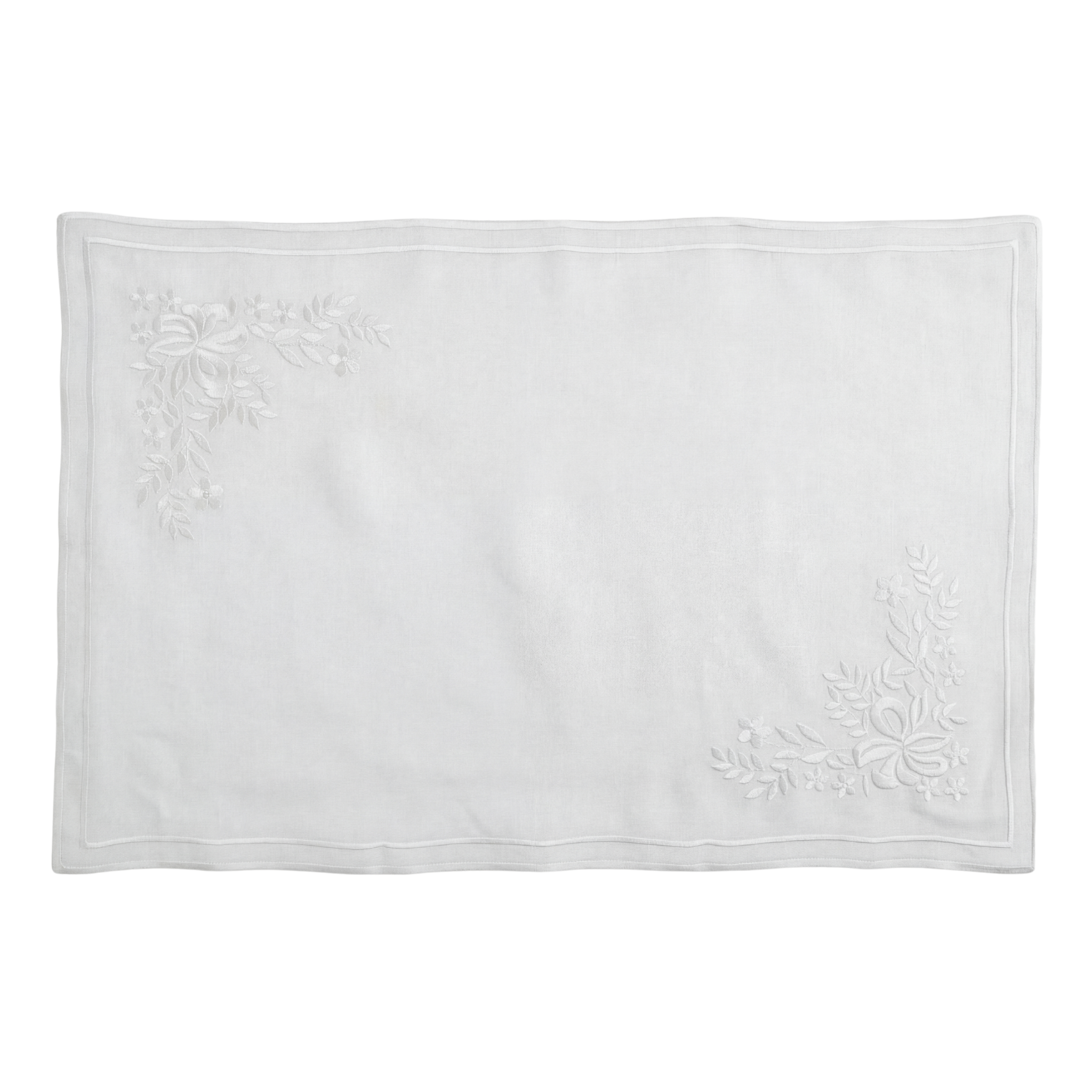 White Vintage Pure Linen Placemat with embroidered floral corners, ideal for elegant table settings, available in a pack of two from Party Social.