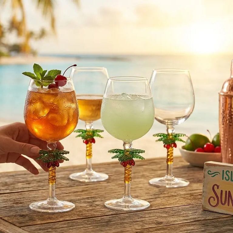 Person holding a cocktail glass with a scenic beach background