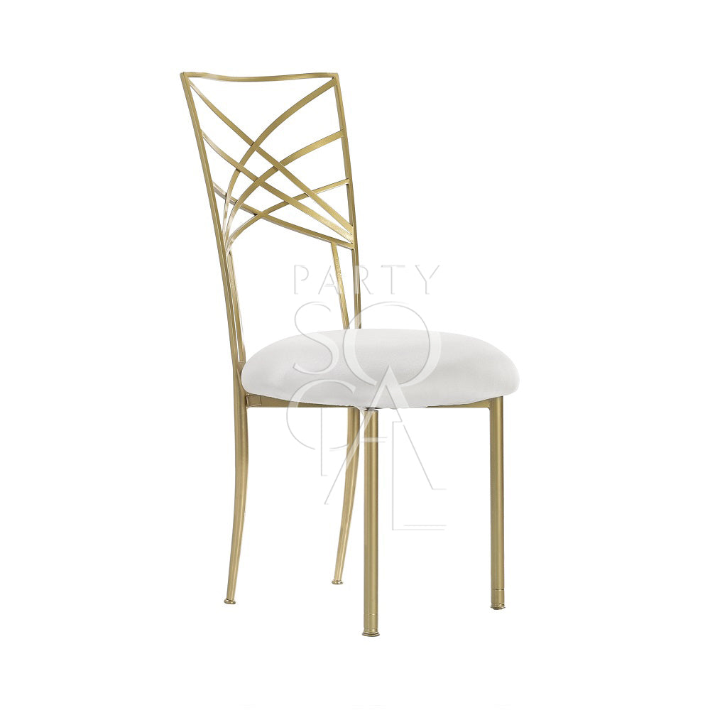 Chameleon Dining Chair with a white cushion and gold frame, ideal for elegant events, available through Party Social&