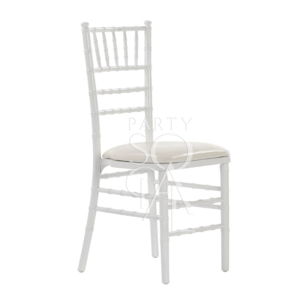 CHIAVARI CHAIR WHITE, a stylish white chair with a cushion, ideal for weddings and events, available at Party Social.