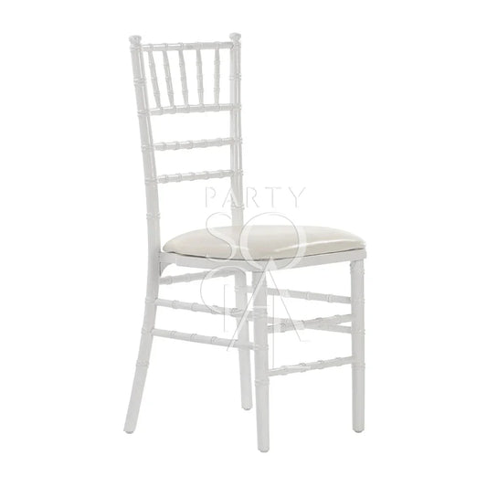CHIAVARI CHAIR WHITE, a stylish white chair with a cushion, ideal for weddings and events, available at Party Social.