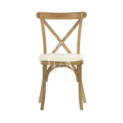 CROSSBACK CHAIR OAK WOOD featuring a white cushion, ideal for weddings and events, showcasing a vintage oak design, suitable for pairing with wooden tables.