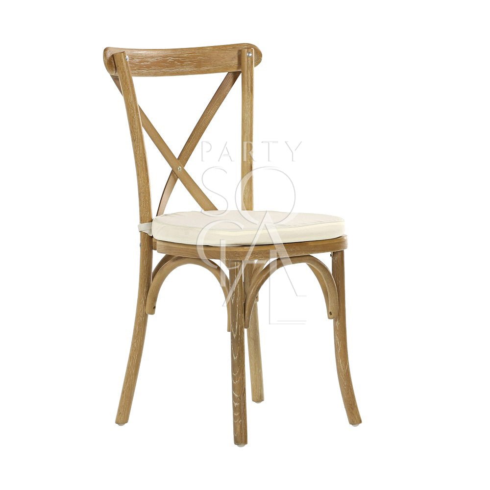 CROSSBACK CHAIR OAK WOOD with cushioned seat, ideal for events like weddings and corporate functions, available for rental or purchase at Party Social.