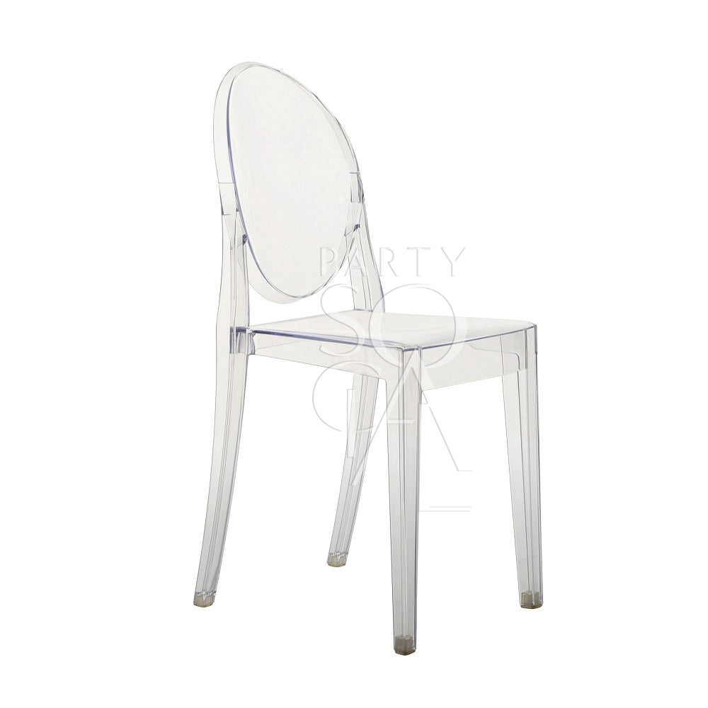 Ghost Chair W/O Arms (Victoria) - a transparent plastic chair with a round back, ideal for weddings and events, offering classic and versatile seating.