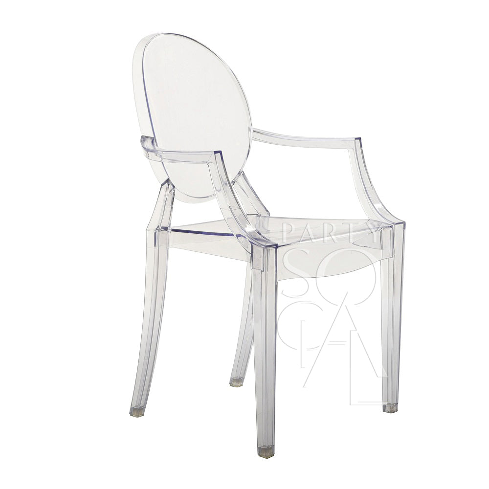 GHOST CHAIR WITH ARMS (LOUIS): A clear plastic chair with armrests, ideal for modern and formal event decor, available from Party Social.