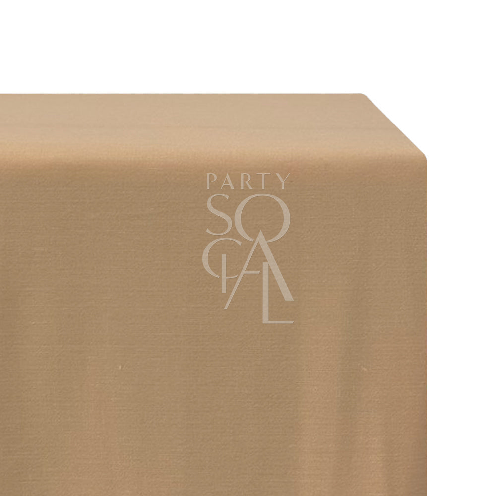 Rectangular tablecloth linen blend, featuring a close-up of the logo on a brown tablecloth. Ideal for special occasions with premium linen quality.