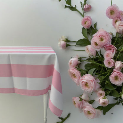 A premium Pink Stripe Linen Tablecloth from Party Social, perfect for elevating your dining experience. Durable, washable, and available in 3 sizes for any event.