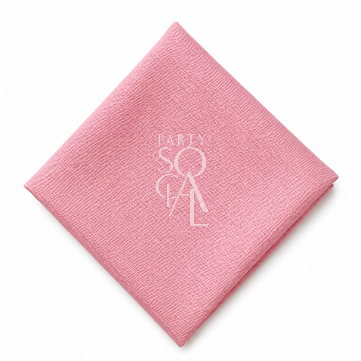 A square pink linen napkin displayed diagonally on a clean white background.
