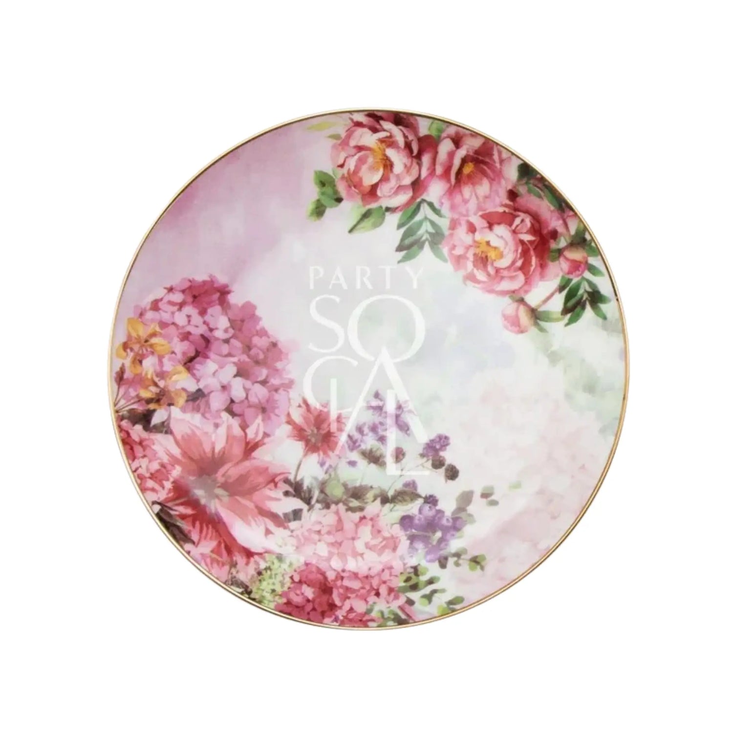 PINK PEONIES PLATES: Round decorative plate with pink-and-pastel watercolor background, gold rim, floral blooms, and PARTY SOIRÉE lettering. Ideal for elegant table settings.