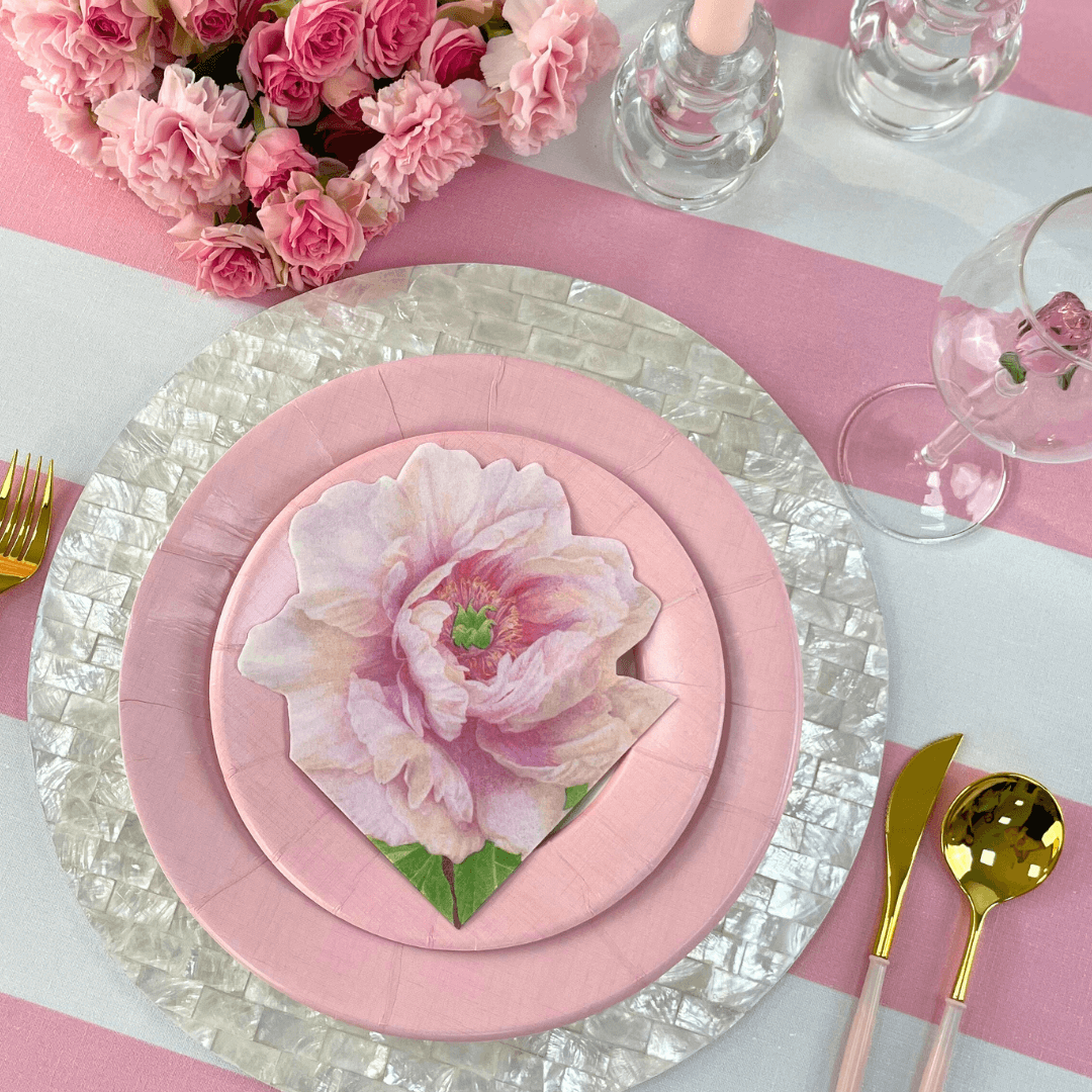 A premium Pink Stripe Linen Tablecloth from Party Social, elevating your table setting with elegance. Perfect for weddings, dinner parties, and special occasions. Sizes available for versatile use.