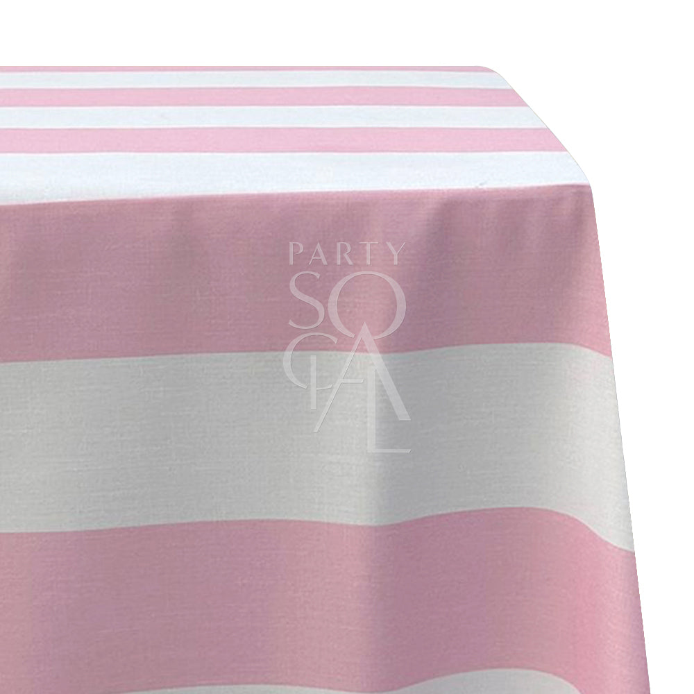 WIDE STRIPES RECTANGULAR TABLECLOTH in pink and white stripes, adding a premium look to dining setups. Perfect for parties and special occasions.