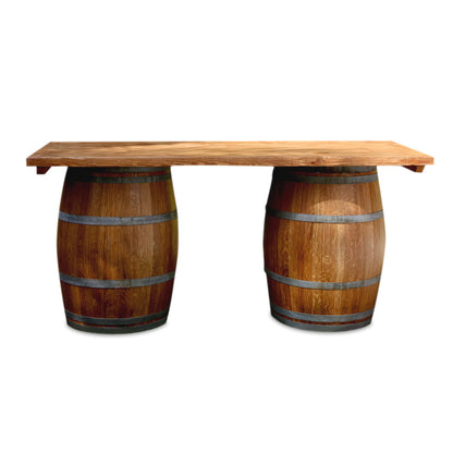 PLANK FOR RUSTIC WINE BARRELS on a wooden table with two barrels, ideal for creating a long table or bar area at events.