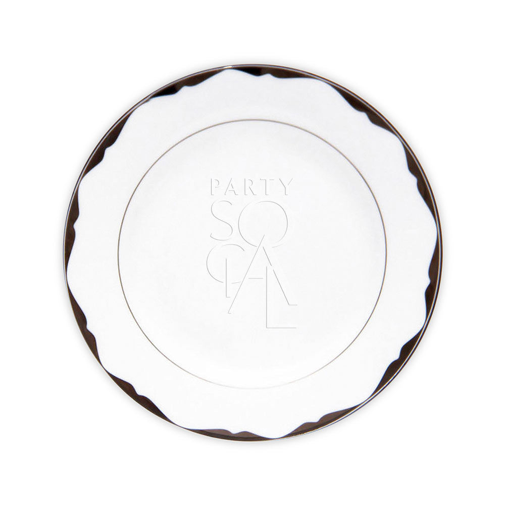 CHINA PLATINUM PLATES on a white plate with a brown border, ideal for enhancing elegant party settings with their streamlined design and variety of sizes.