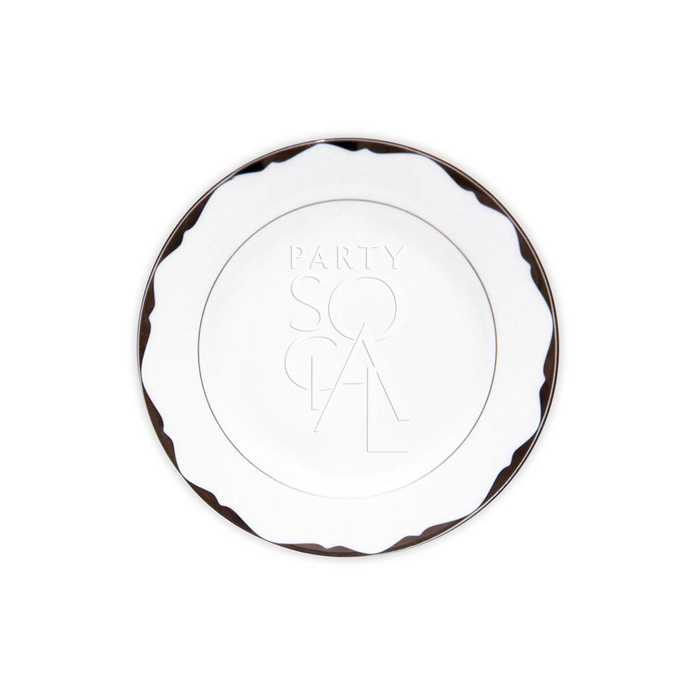 CHINA PLATINUM PLATES: Elegant white plate with brown border, perfect for enhancing any event setting, available in multiple sizes for versatile use.