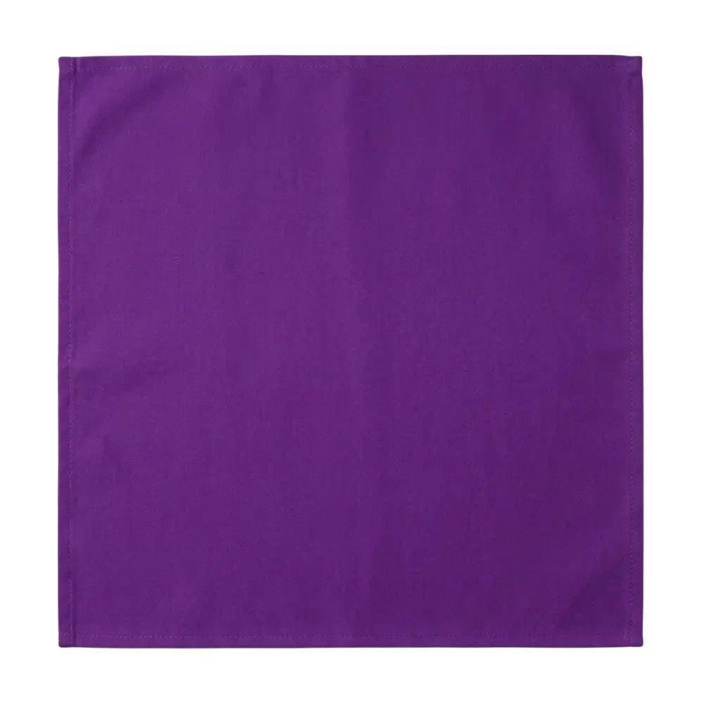 Polycotton Napkins - 4 per pack, featuring square purple fabric with stitched edges, ideal for versatile, reusable dining table settings and special occasions.