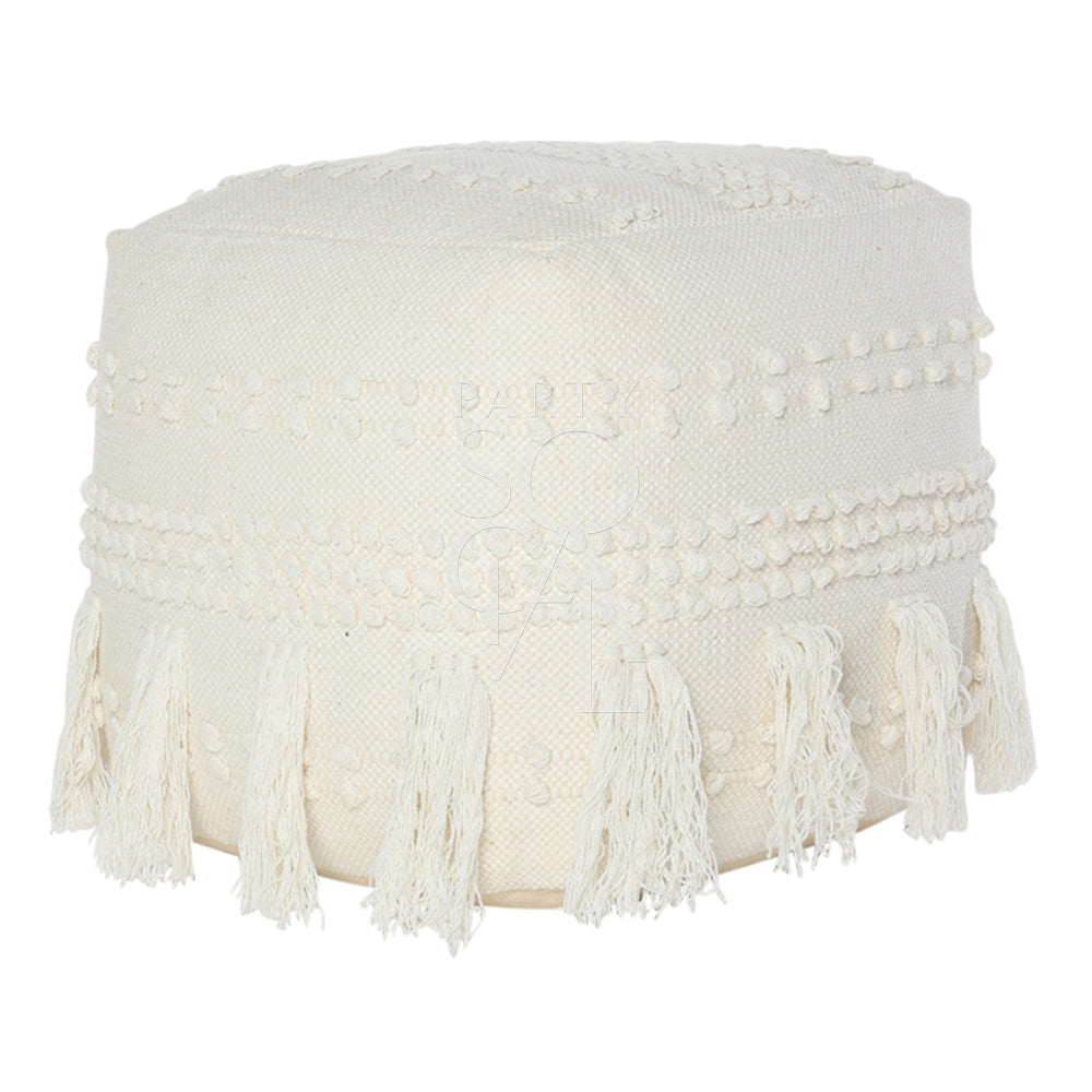 FABRIC & JUTE POUFS, a white pouf with tassels, ideal for decorative or functional use in party settings.