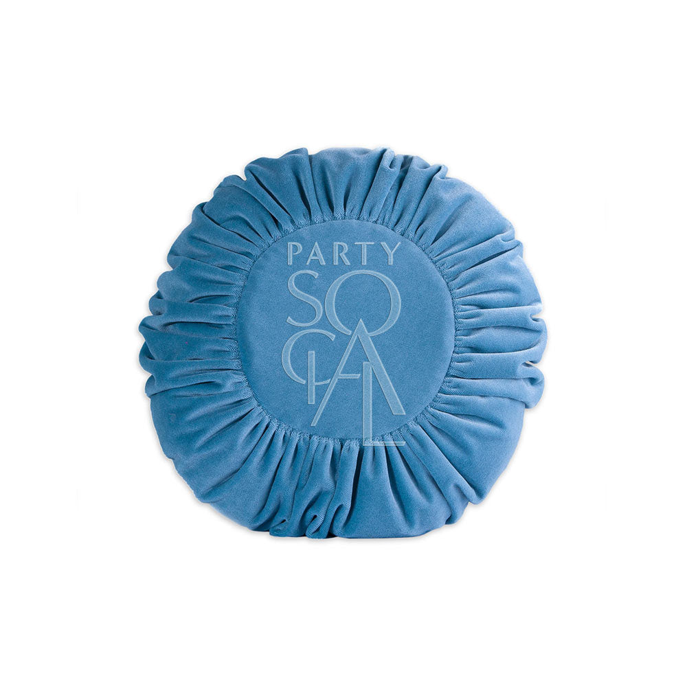 Round velvet cushion cover with pleated texture, featuring a subtle logo, perfect for adding elegance to luxury events.