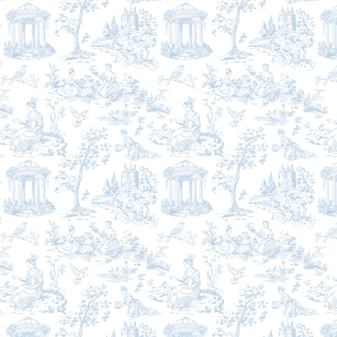 A repeating light blue toile-style pattern on a white background, featuring classical figures, trees, birds, and small architectural motifs.
