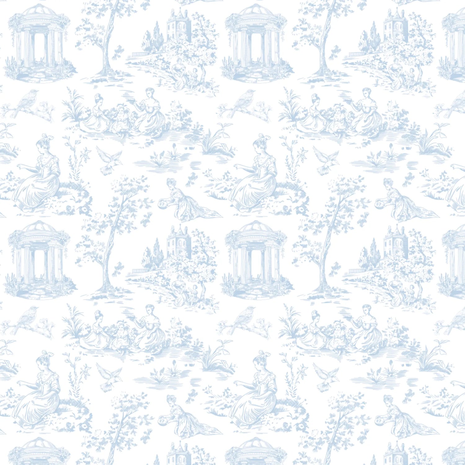 A repeating light blue toile-style pattern on a white background, featuring classical figures, trees, birds, and small architectural motifs.