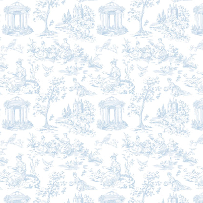 A repeating light blue toile-style pattern on a white background, featuring classical figures, trees, birds, and small architectural motifs.