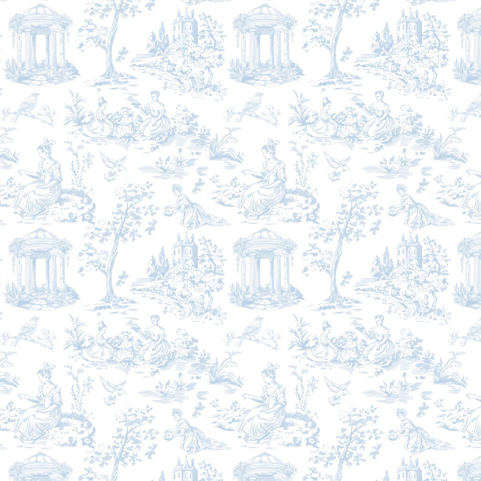 A repeating light blue toile-style pattern on a white background, featuring classical figures, trees, birds, and small architectural motifs.