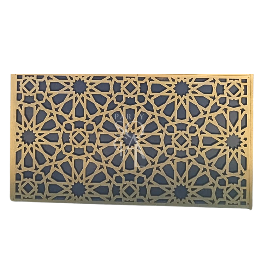 Arabesque Gold Bar Unit with intricate patterns, ideal for enhancing elegance at weddings and upscale events.