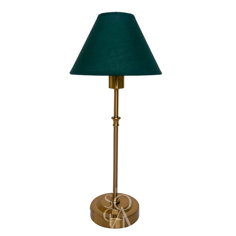Green with Gold Base Wireless Lamp, featuring a sleek green shade and brass finish, designed for versatile event use with a height of 42cm.