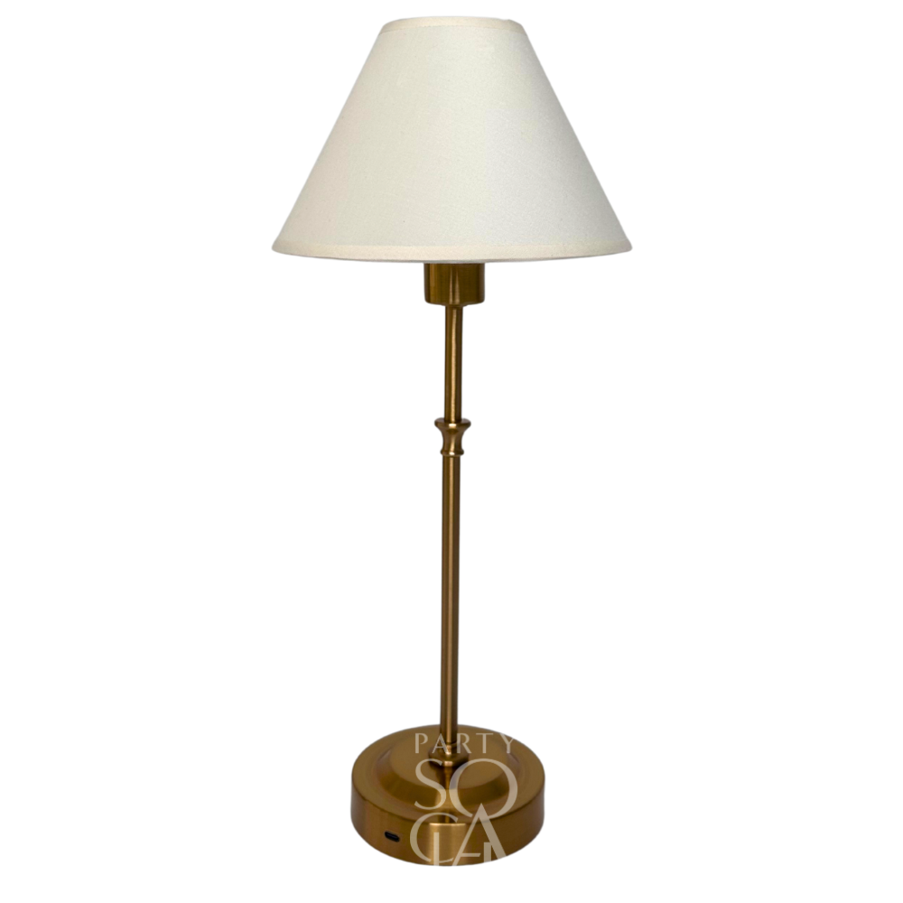 Off White with Gold Base Wireless Lamp featuring a sleek design and white shade, ideal for enhancing party or event settings with elegant illumination.