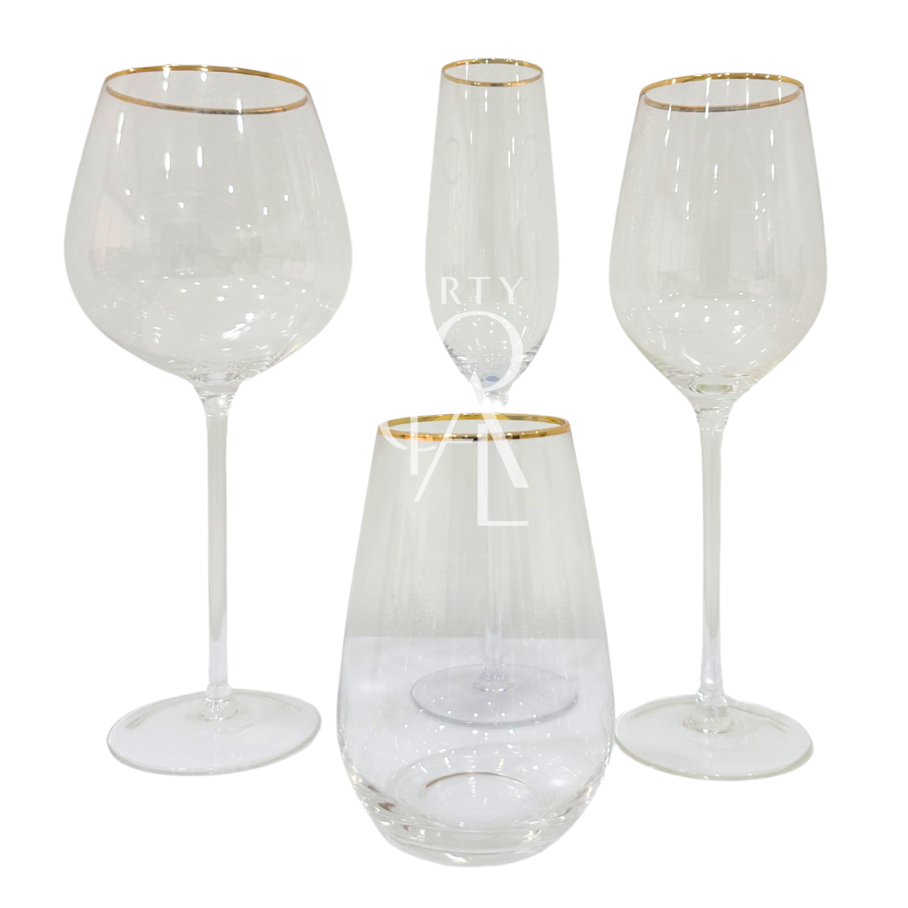 Golden Edge Glasses, a set of elegant wine glasses with a gold rim, perfect for enhancing the sophistication of any event or celebration.
