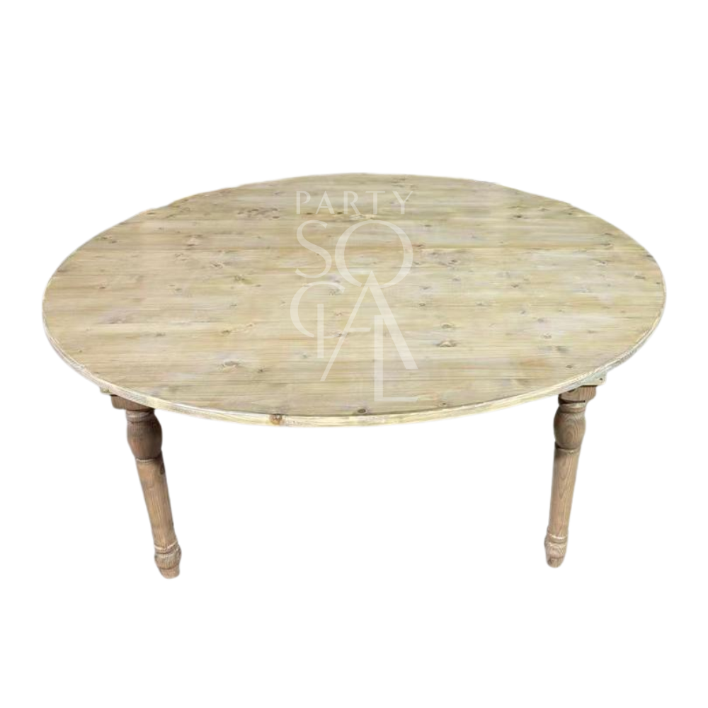 Classic Wood Round Dining Table with turned wooden legs, ideal for versatile settings like weddings and cafés, fitting effortlessly into diverse décor styles.