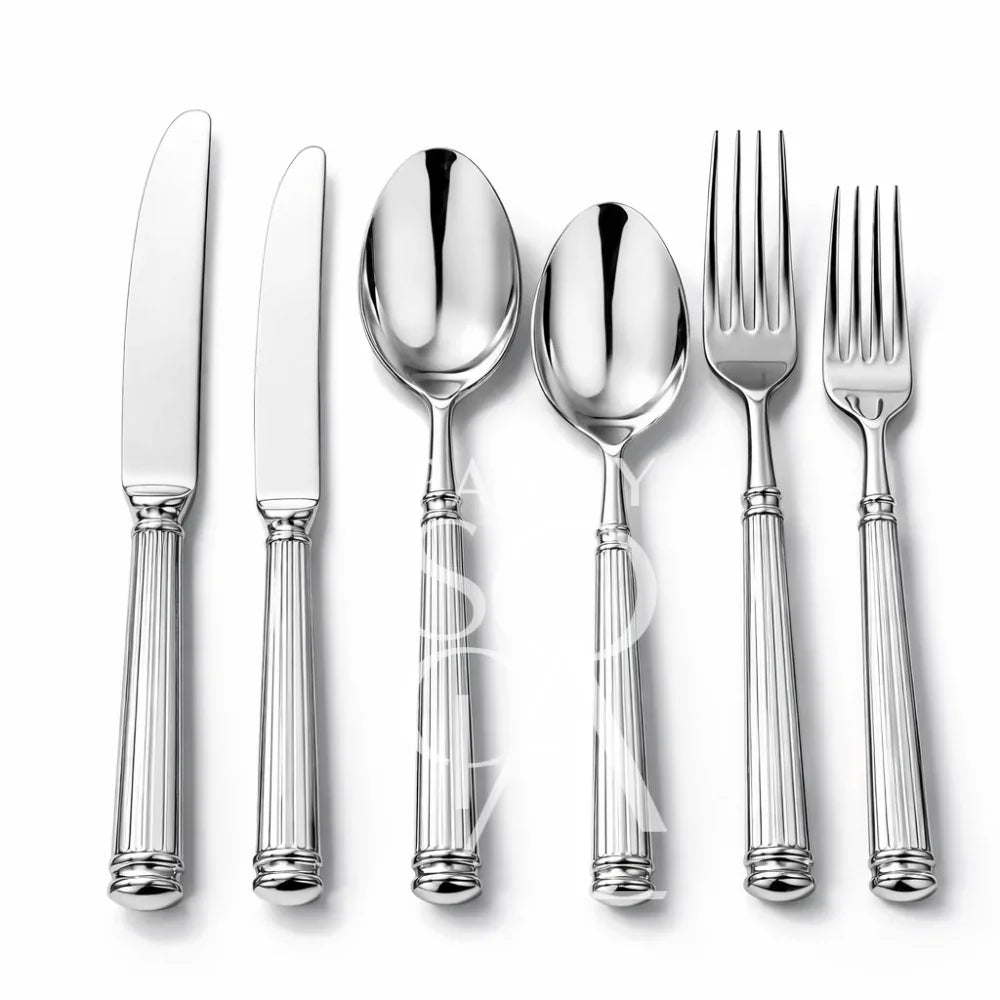 CUTLERY MODERN SILVER set with six stainless-steel pieces, ideal for elegant events. Includes dinner knife, steak knife, tablespoon, teaspoon, dinner fork, and salad fork.