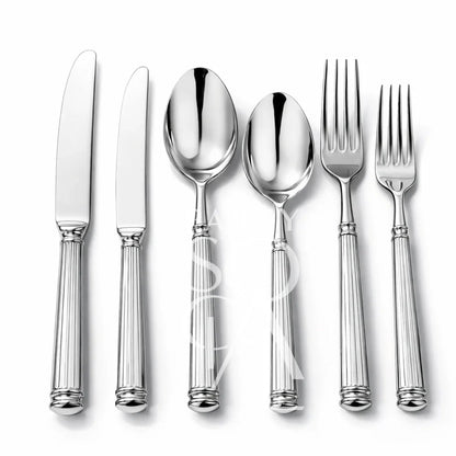 CUTLERY MODERN SILVER set with six stainless-steel pieces, ideal for elegant events. Includes dinner knife, steak knife, tablespoon, teaspoon, dinner fork, and salad fork.