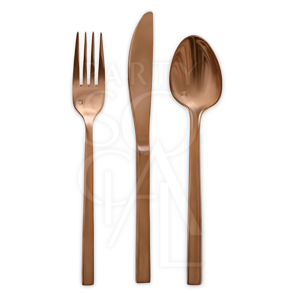 CUTLERY ROSE GOLD set, featuring a sleek spoon, fork, and knife, perfect for elevating any tablescape with a modern touch. Available individually at Party Social.