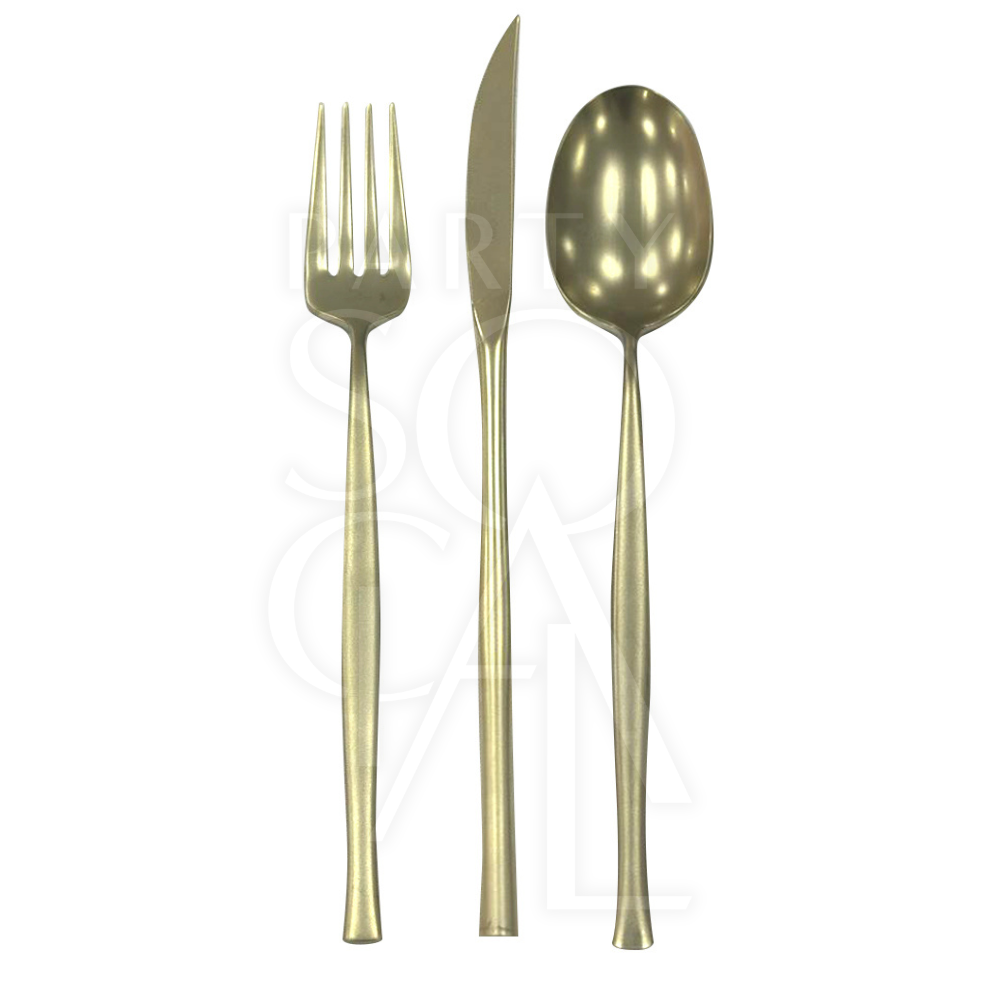 CUTLERY MODERN CHAMPAGNE: Close-up of elegant champagne-colored fork, spoon, and knife set, ideal for elevating dinner presentations at events and special occasions.