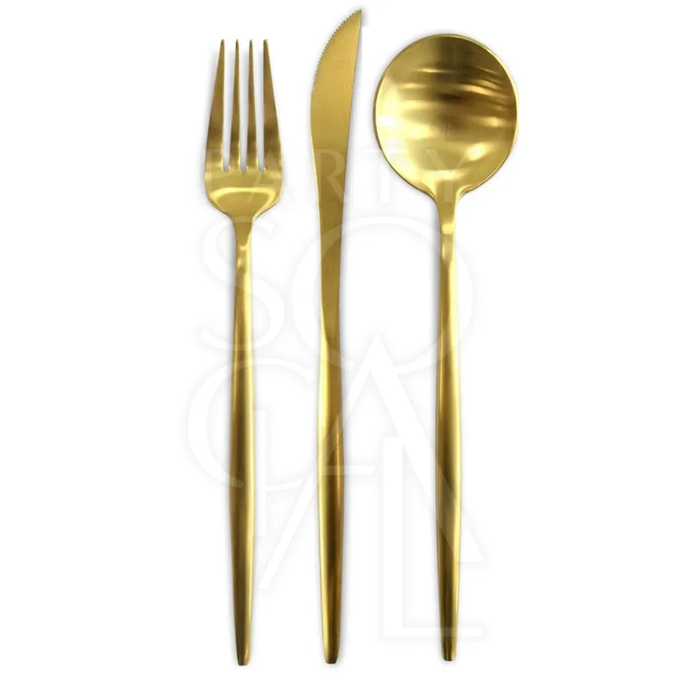CUTLERY MODERN GOLD: A close-up of a gold spoon and fork, perfect for adding elegance to dinner parties and special occasions.