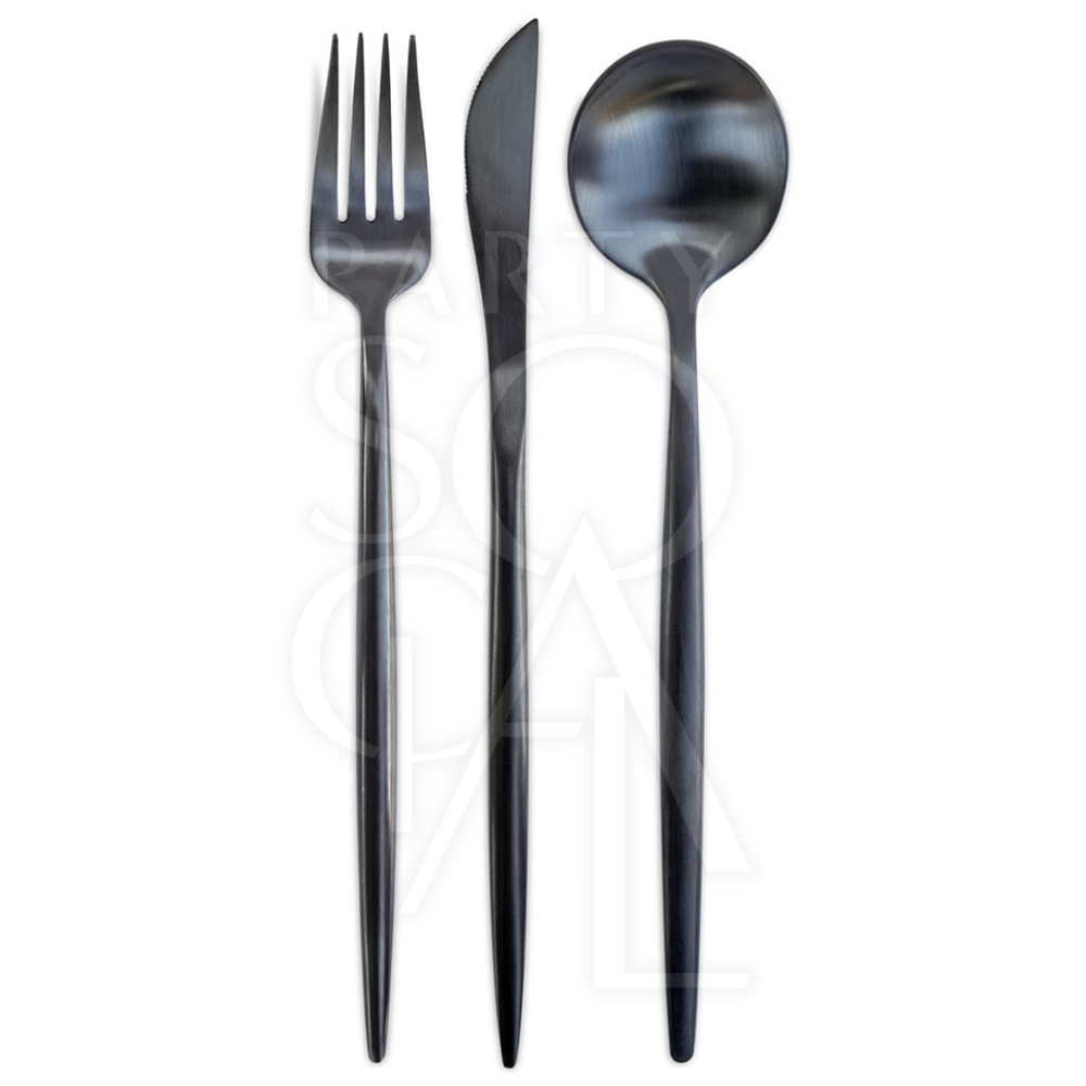 CUTLERY MODERN BLACK: Close-up of sleek, modern black fork, knife, and spoon, perfect for adding a dramatic touch to dinner parties and special occasions.