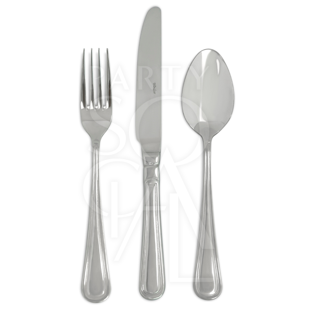 CUTLERY SIMPLE SILVER: A close-up of a classic, durable silver fork from a versatile flatware set, ideal for enhancing any table setting at various events.