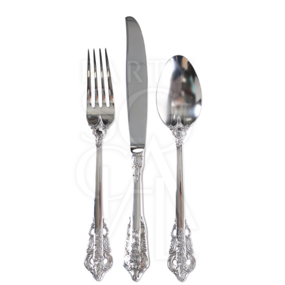 CUTLERY VINTAGE SILVER (SET OF 4 PIECE) featuring intricately designed silverware, ideal for adding elegance to any dinner setting from Party Social.