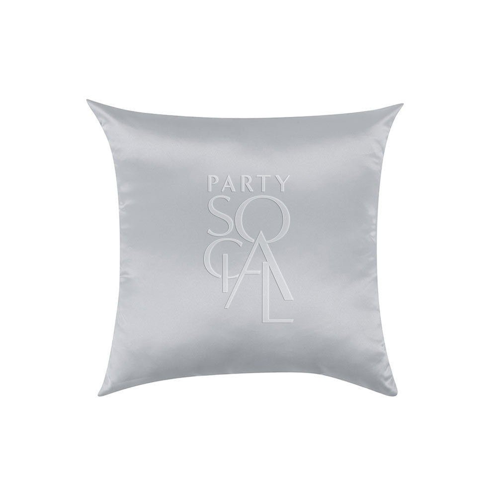 CUSHION COVER SATIN: White throw pillow with logo, crafted from premium satin fabric, available in multiple sizes, ideal for enhancing event decor.