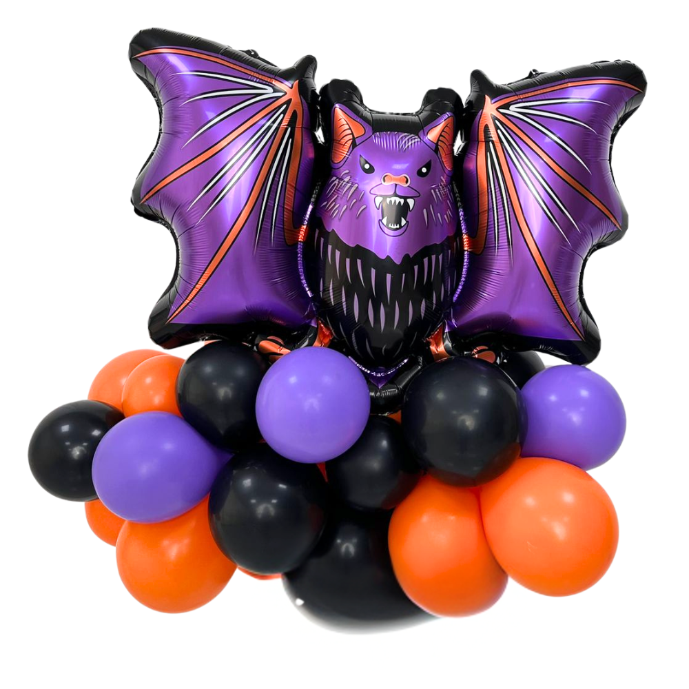 Purple Bat Balloon Garland for Halloween parties, featuring a mix of purple, black, and orange balloons with bat-themed designs, perfect for festive decorations.