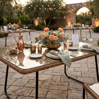 Rattan coffee table with glass top set elegantly for an outdoor event, featuring gold flatware, sage napkins, and a floral centerpiece.