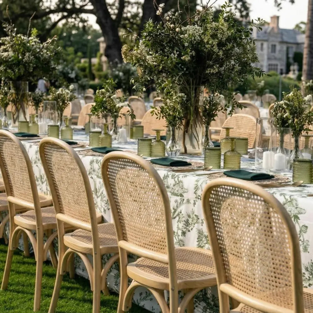 RATTAN CHAIRS elegantly surround a banquet table, enhancing a garden-party setting with their classic European bistro style and airy textures. Ideal for sophisticated events.