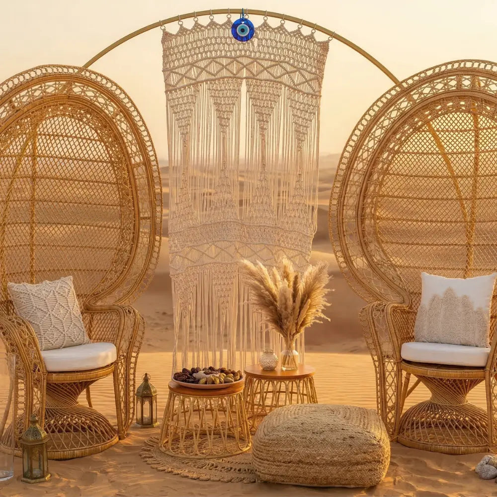 Boho desert setup with a rattan coffee table, woven chairs, and macramé decor, perfect for intimate events, styled by Party Social.