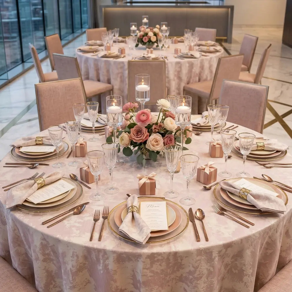 Round Tablecloth Jacquard elegantly drapes a reception table, set with floral centerpiece, candle holders, gold flatware, and pastel gift boxes, creating a sophisticated dining experience.