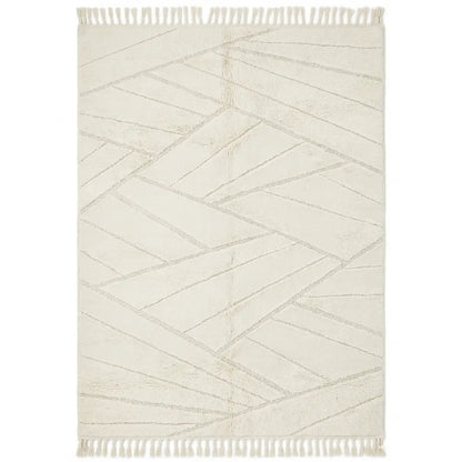 RUG ABSTRACT NATURAL WOVEN: Rectangular area rug with a subtle geometric pattern and tassel fringe, ideal for adding warmth and texture to event spaces.